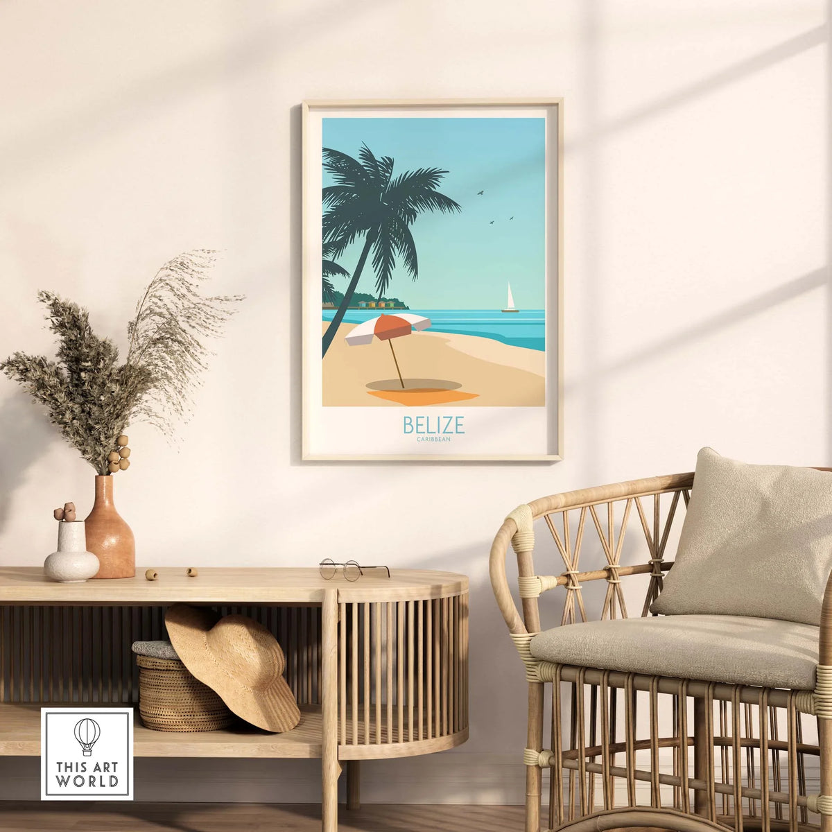 Belize travel poster featuring palm trees, a beach scene, and a sailboat, framed in a cozy room decor.