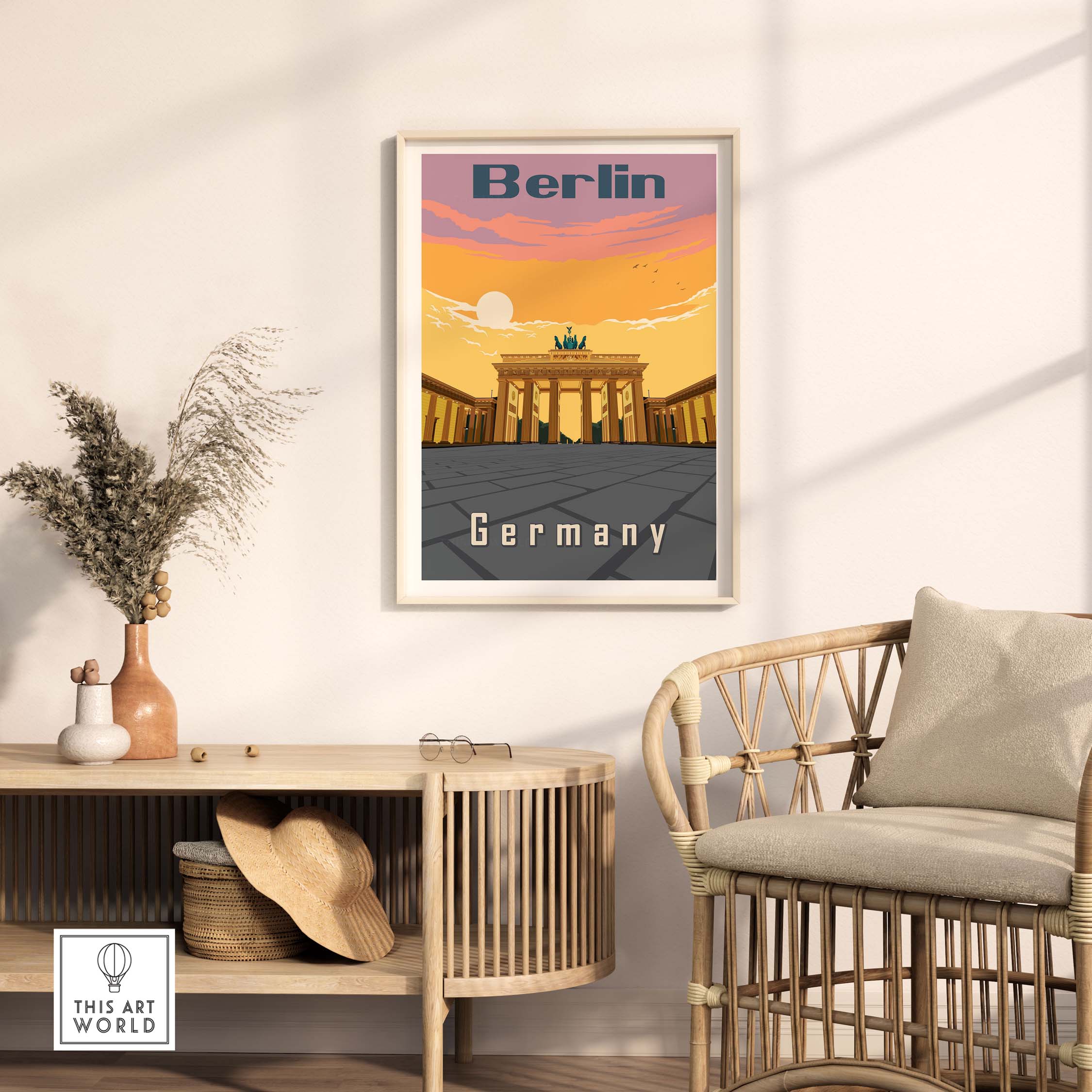 Berlin poster travel print featuring Brandenburg Gate, ideal for home or office decor.