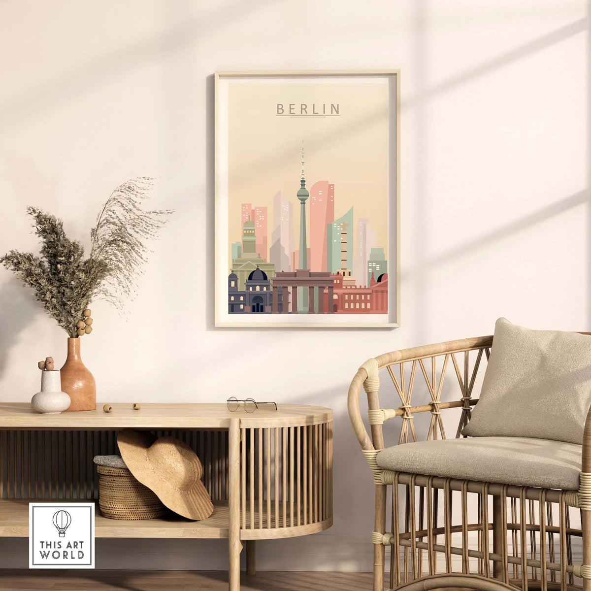 Berlin City Skyline Print in warm pastel tones displayed in a stylish home setting with modern furniture.