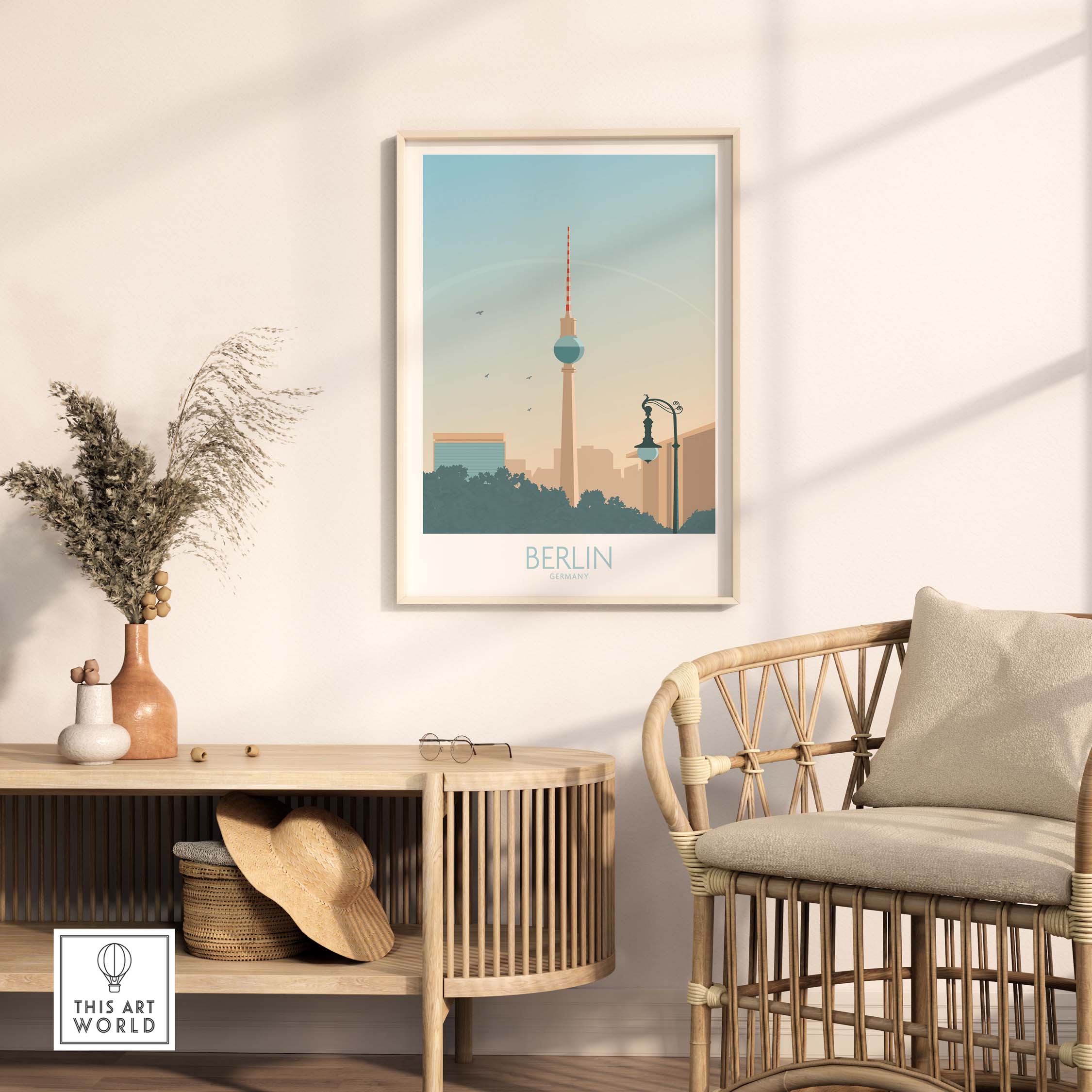 Berlin poster print showcased in a stylish room with natural decor and rattan furniture.