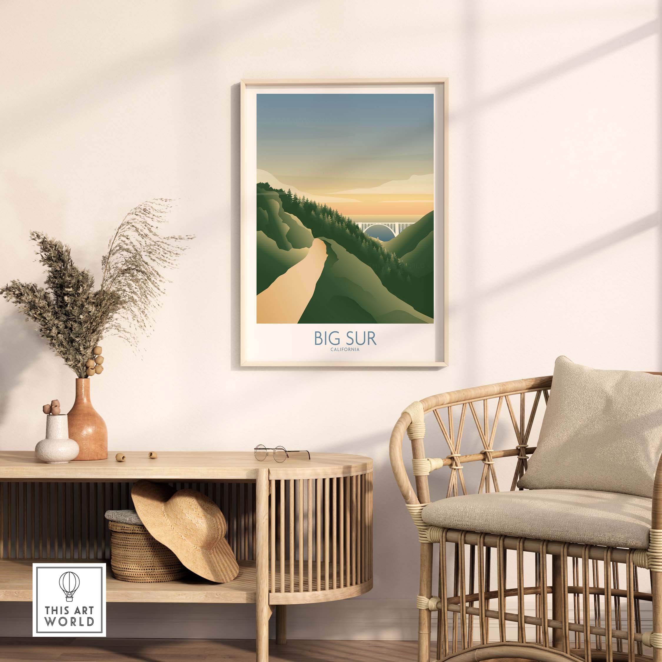 Big Sur California Art Print displayed in a cozy living space featuring natural elements and minimalist style.