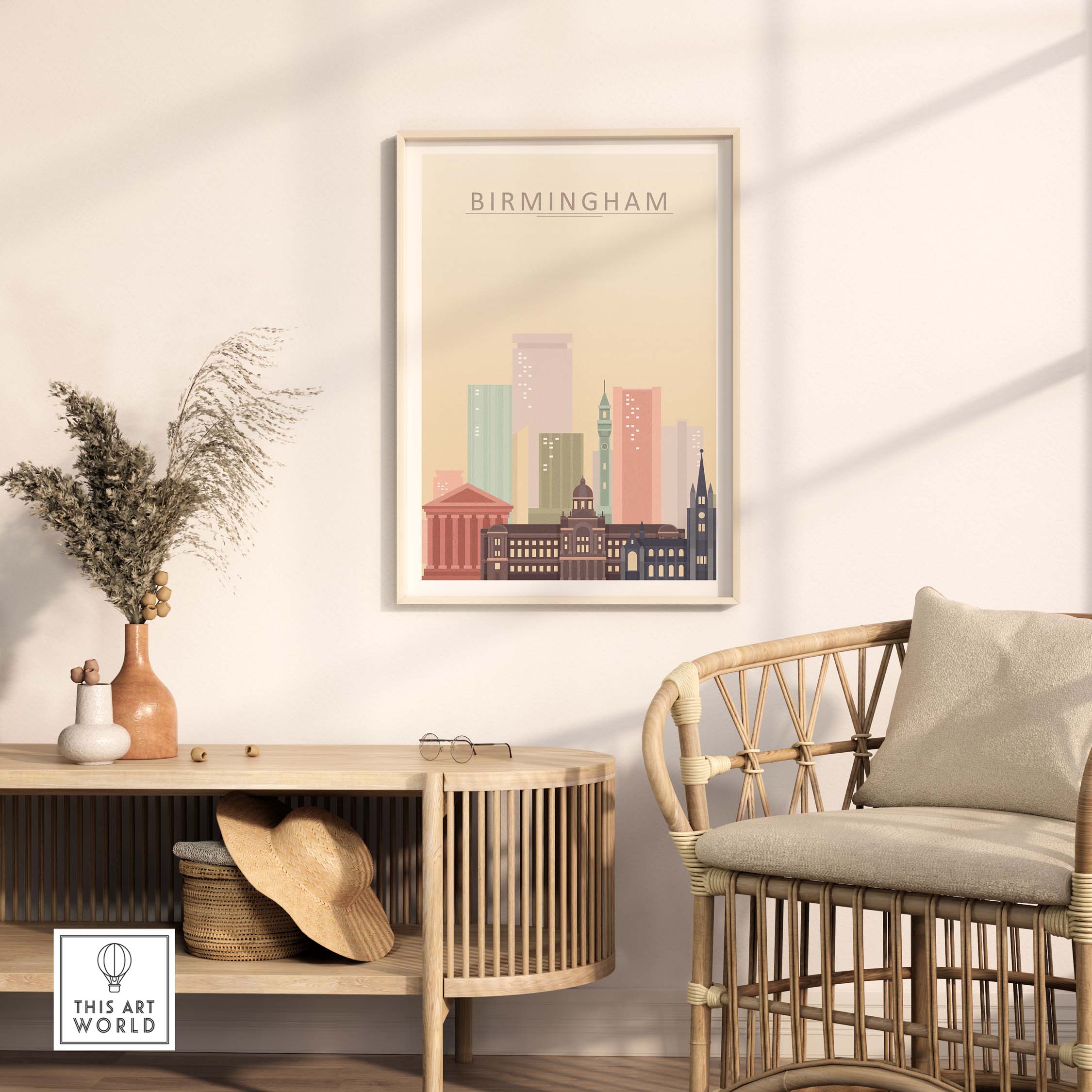 Birmingham Skyline Print featuring iconic buildings in warm pastel tones, displayed in a stylish home interior.