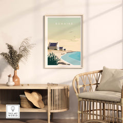 Bonaire travel poster print in minimalist style, featuring a serene coastal scene in a stylish interior setting.