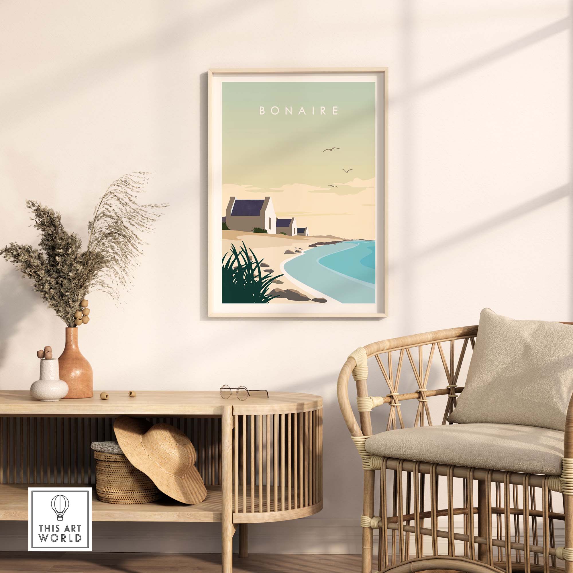 Bonaire travel poster print in minimalist style, featuring a serene coastal scene in a stylish interior setting.