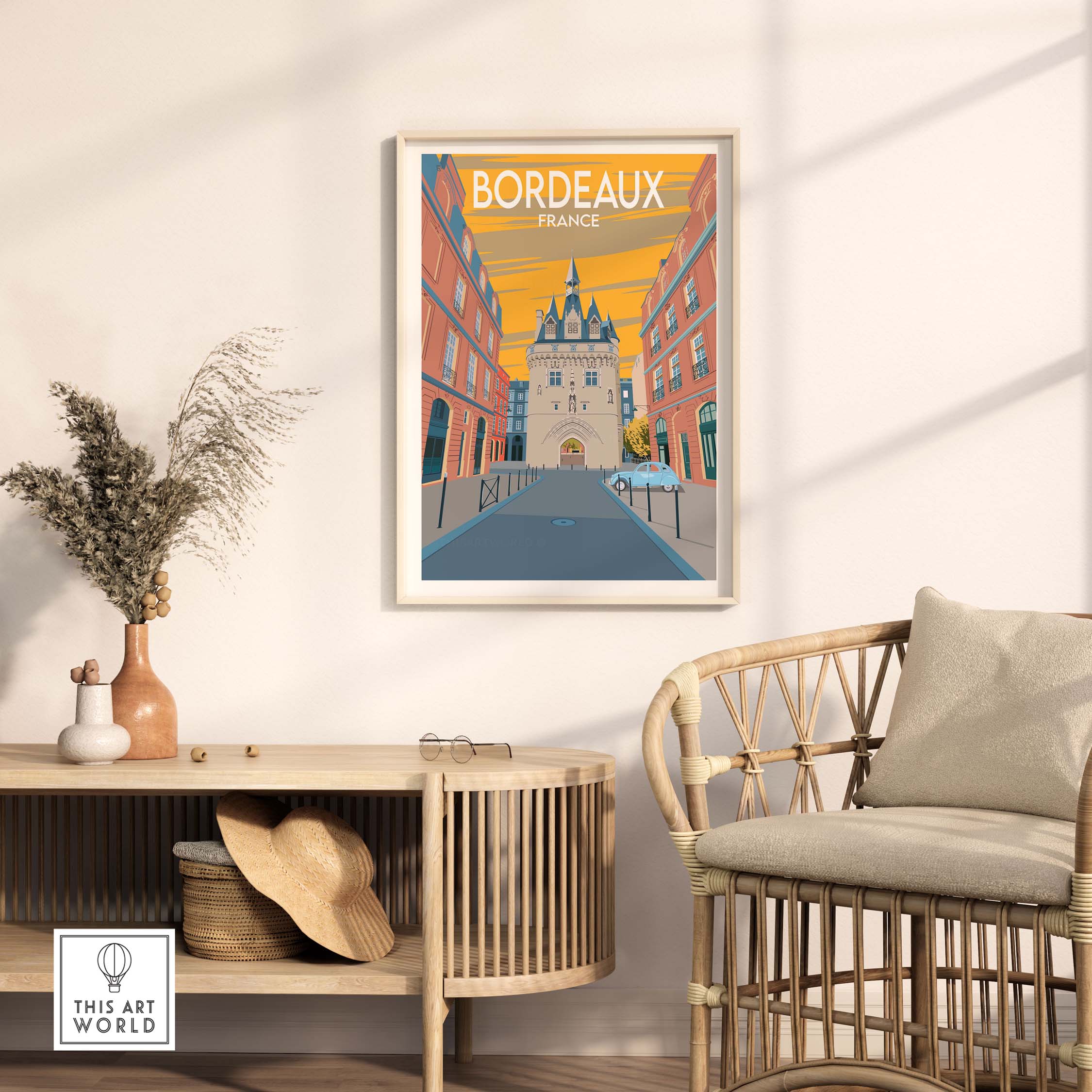 Bordeaux Poster Print showcasing a vintage-style street scene in France, beautifully framed in a stylish interior.