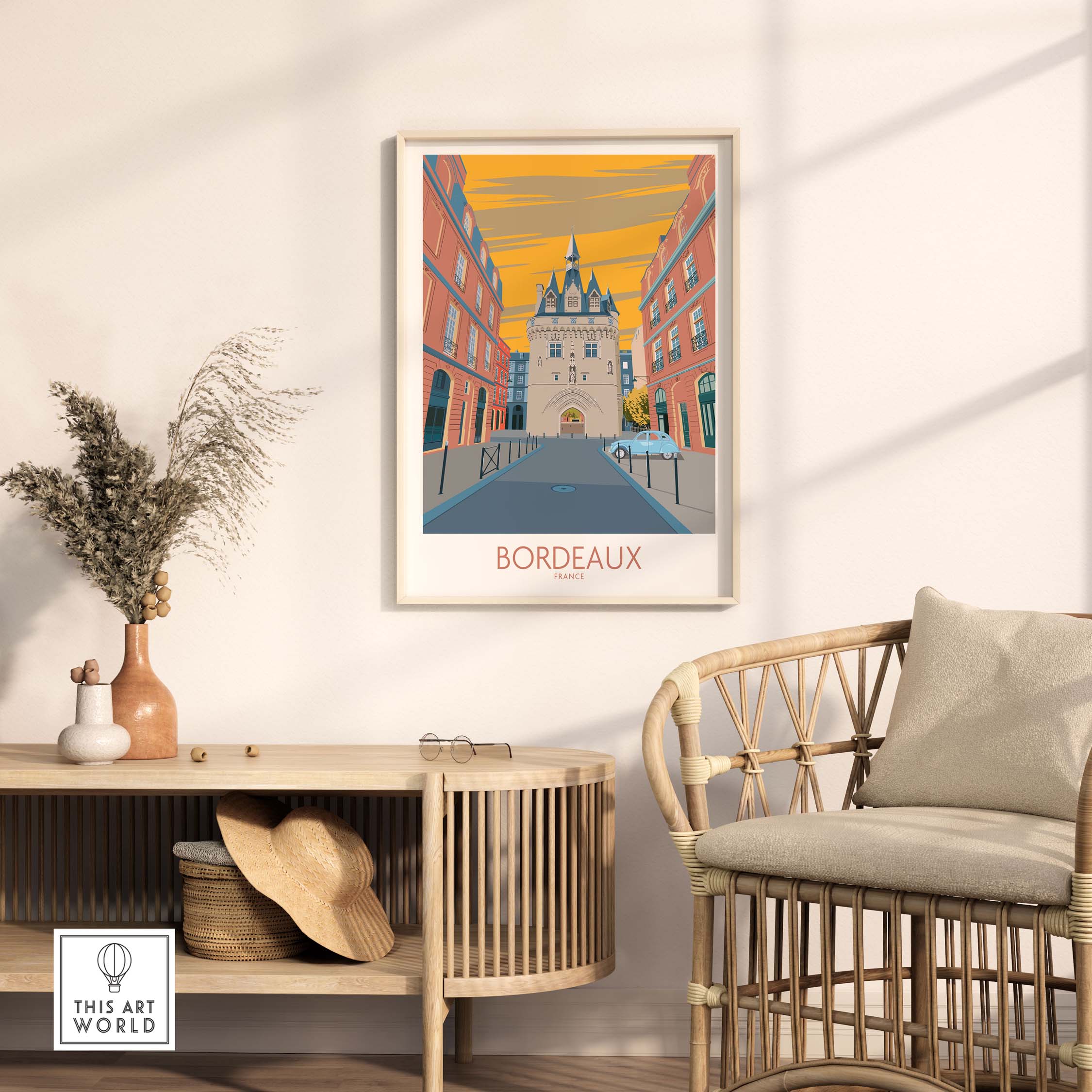 Bordeaux travel poster art print showcasing nostalgic vintage architecture in a stylish home setting.
