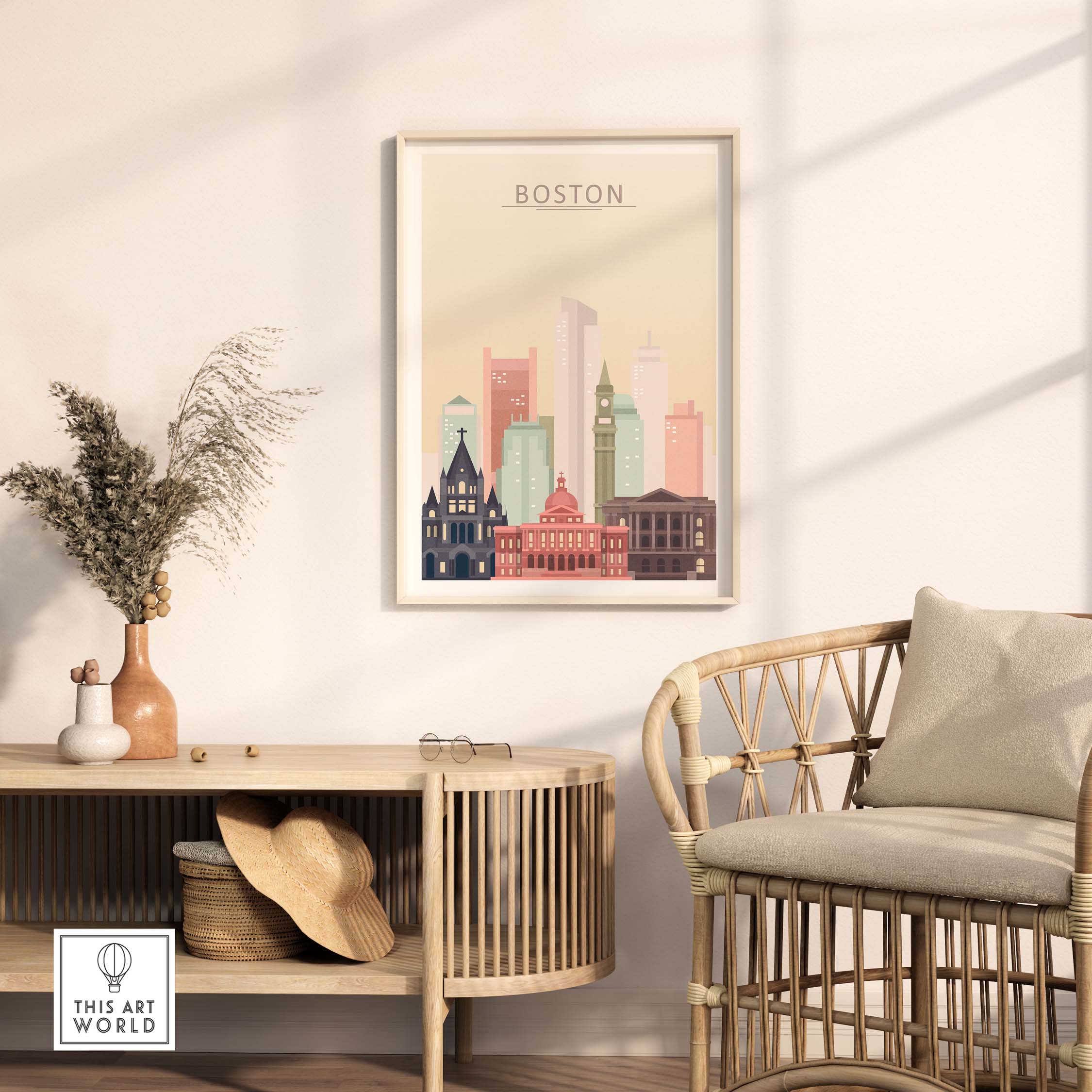 Boston Skyline Poster showcasing iconic buildings in warm pastel colors, perfect for stylish home or office decor.