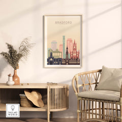 Bradford Print City Skyline Poster in pastel tones displayed in a stylish living room setting with modern decor.