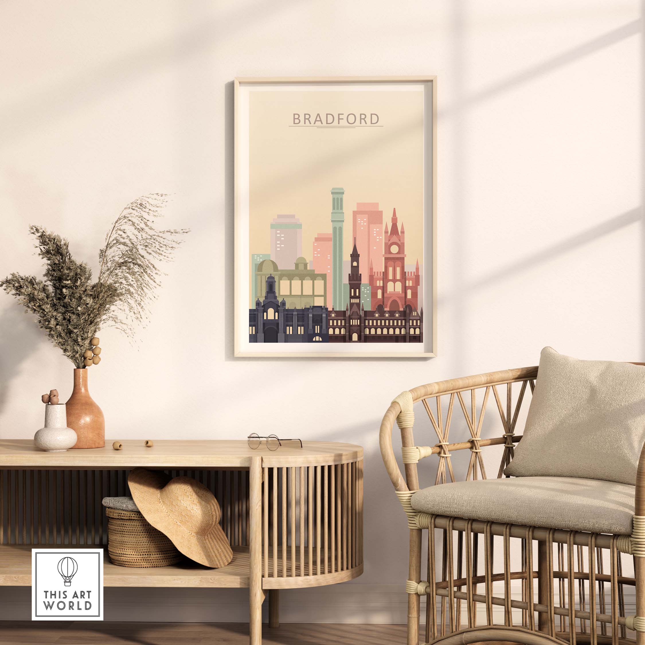 Bradford Print City Skyline Poster in pastel tones displayed in a stylish living room setting with modern decor.