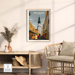Bratislava Poster Slovakia in a stylish living room, showcasing minimalist vintage travel art.
