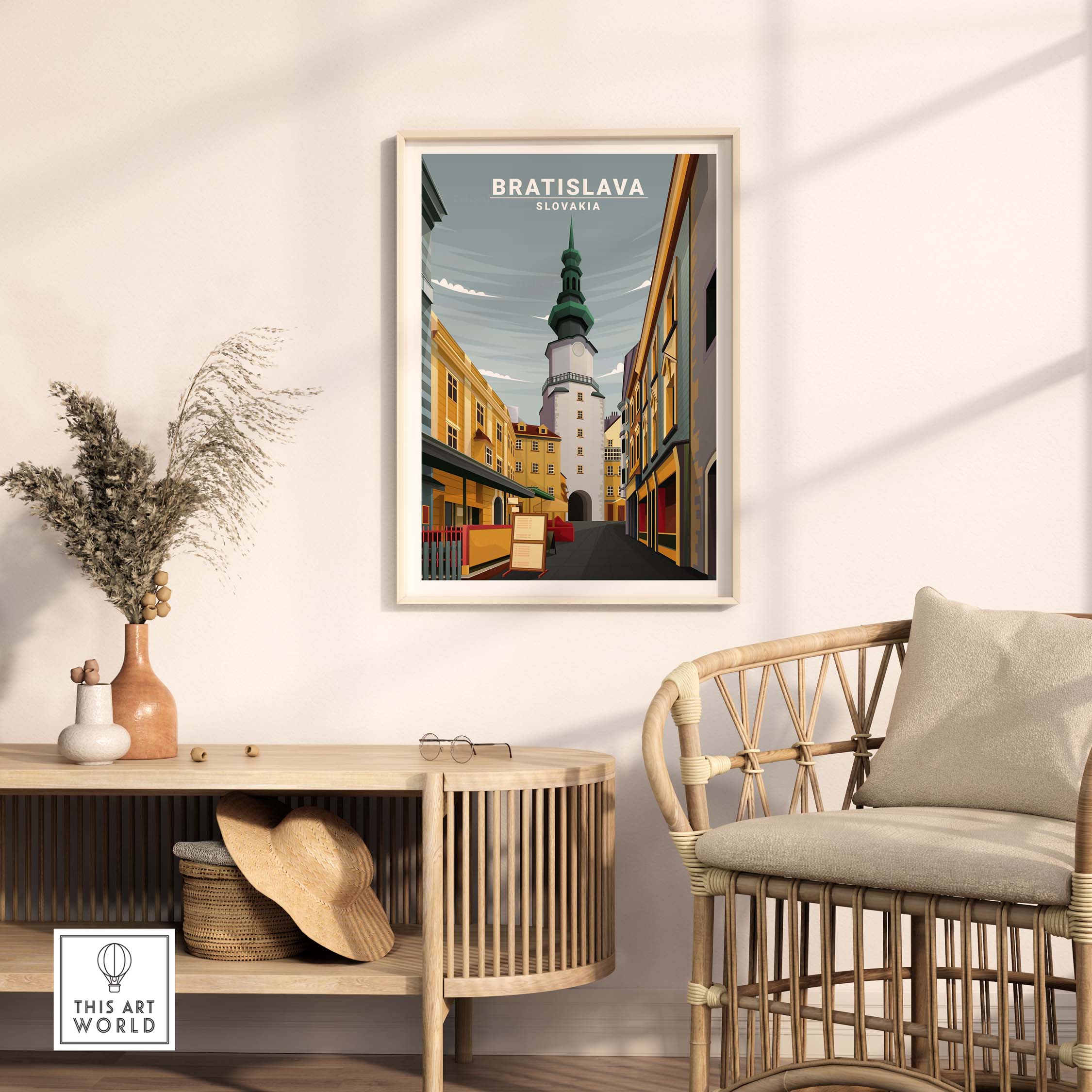 Bratislava Poster Slovakia in a stylish living room, showcasing minimalist vintage travel art.