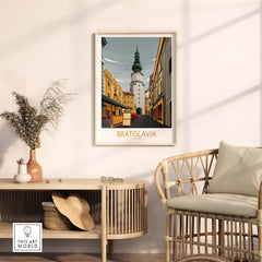 Bratislava Art Print showcasing a minimalist design of the cityscape in a stylish home setting.