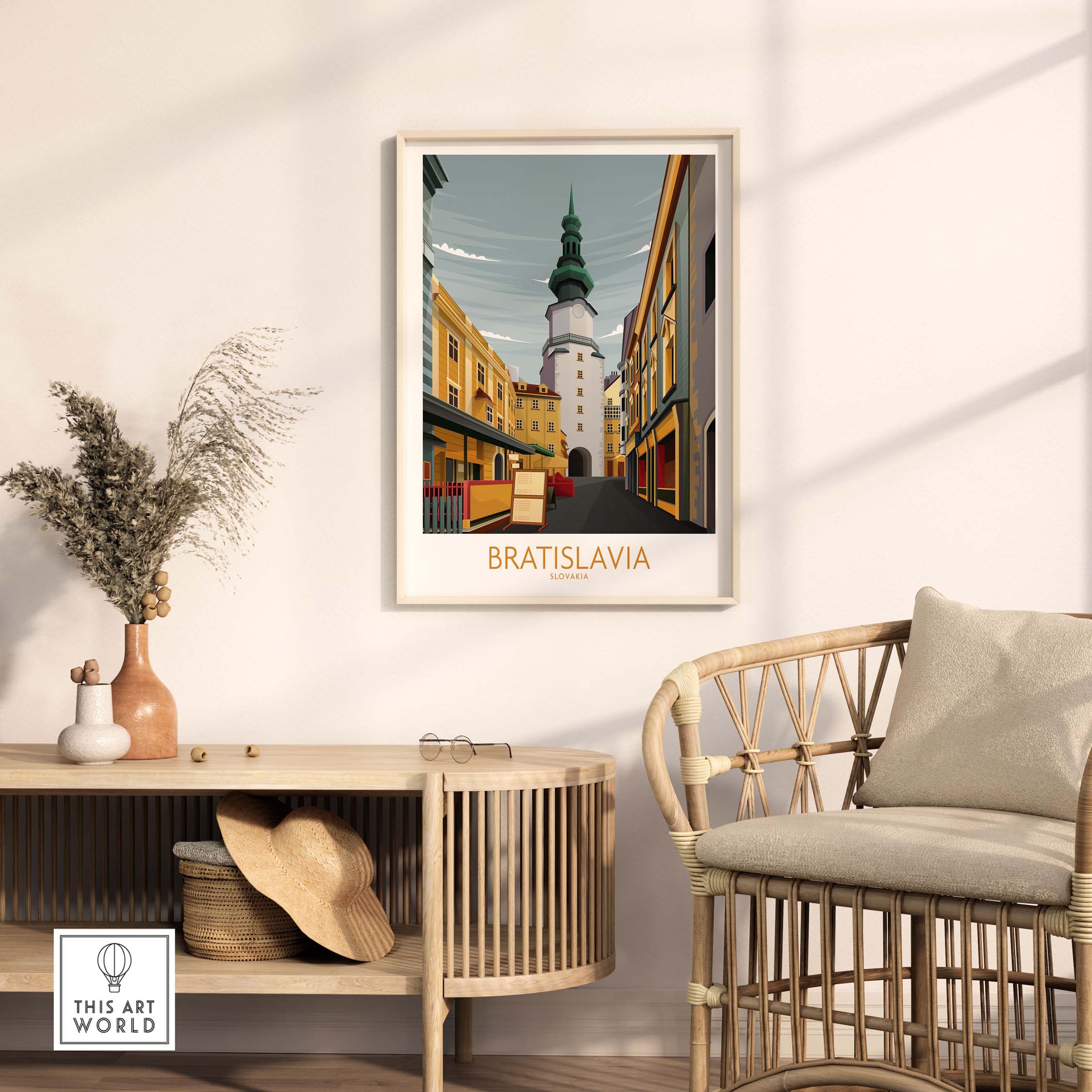 Bratislava Art Print showcasing a minimalist design of the cityscape in a stylish home setting.
