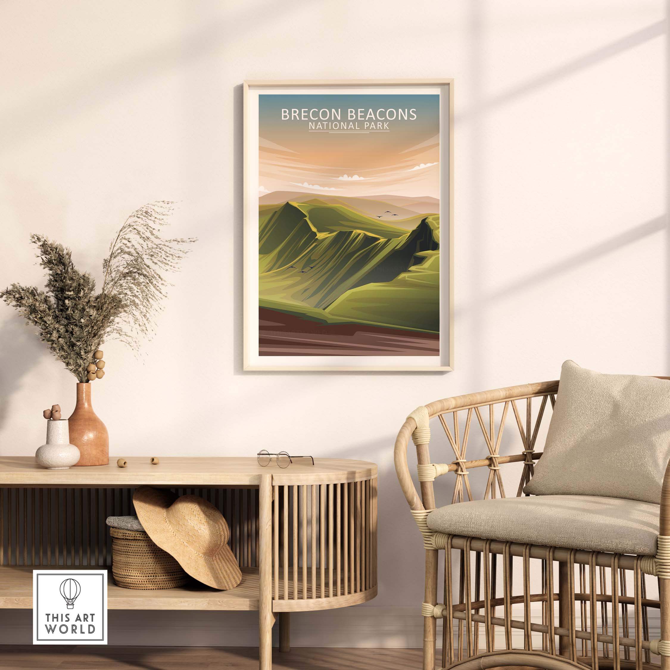 Brecon Beacons National Park poster in minimalist style displayed in a modern home setting with natural decor.