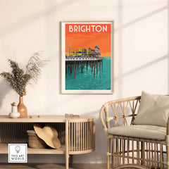 Brighton Print Poster Wall Art featuring a vintage design of Brighton Pier in vibrant colors, perfect for home decor.