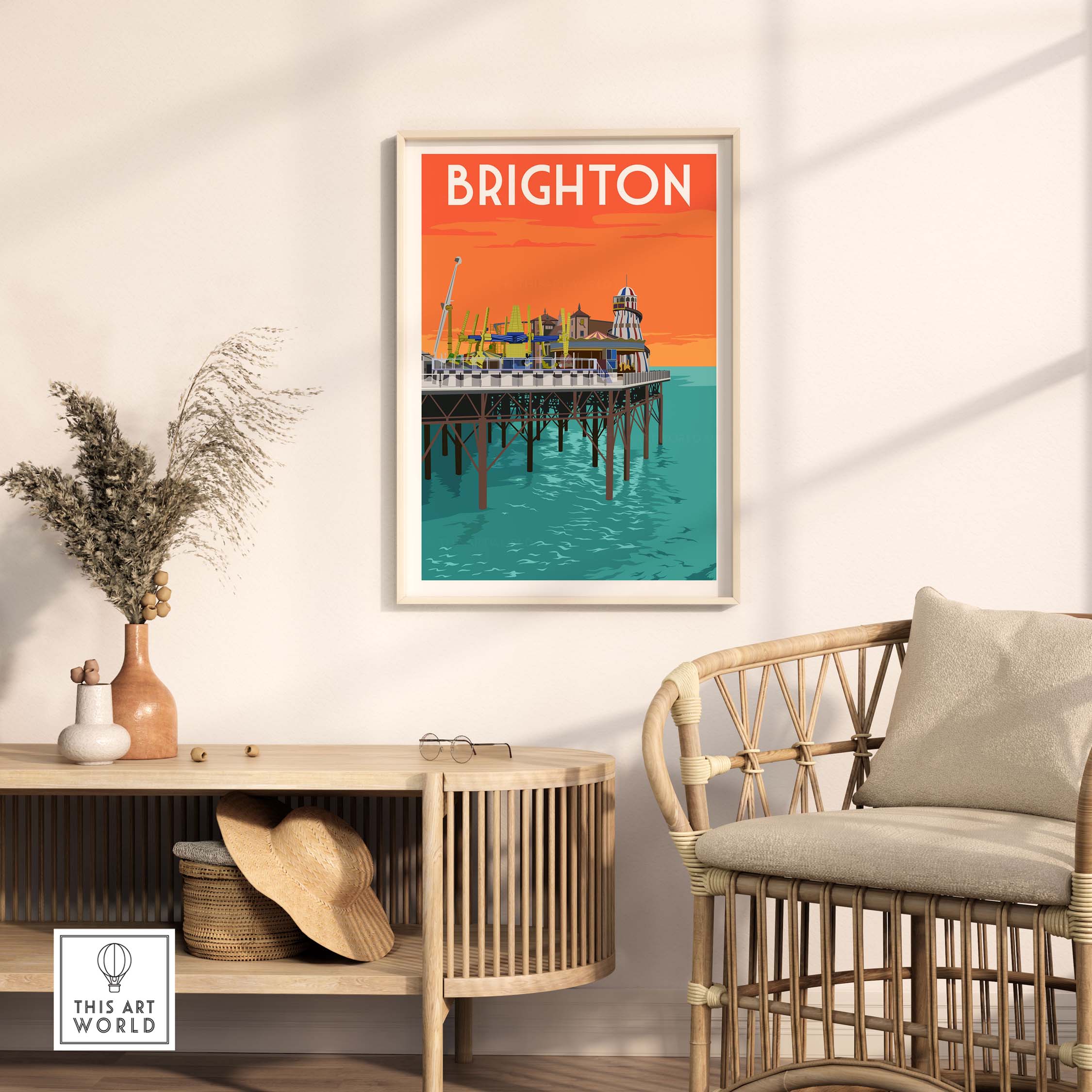 Brighton Print Poster Wall Art featuring a vintage design of Brighton Pier in vibrant colors, perfect for home decor.