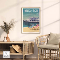 Brighton wall art print featuring the iconic pier and deck chairs in a stylish interior setting.
