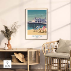 Brighton Print showcasing vintage-style travel art in a minimalist setting, perfect for home or office decor.