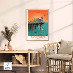 Brighton Pier poster displayed in a stylish living room setting with coastal decor.