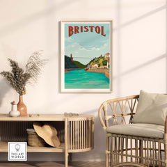 Bristol vintage print poster featuring the Clifton Suspension Bridge and lush surroundings in a stylish interior setting.