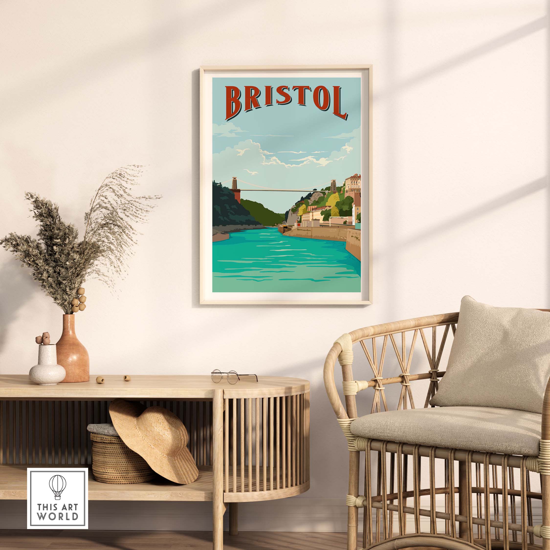 Bristol vintage print poster featuring the Clifton Suspension Bridge and lush surroundings in a stylish interior setting.