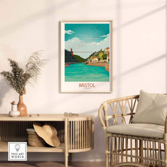 Bristol Poster featuring Clifton Suspension Bridge and scenic view, perfect for travel lovers and stylish wall art.