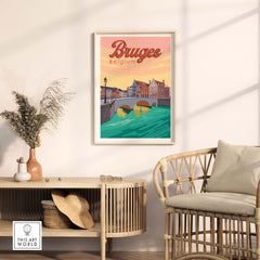 Bruges vintage print poster featuring the Augustijnenbrug, styled wall art for home or office decor.