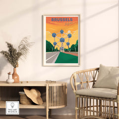 Brussels Travel Poster featuring Atomium, framed artwork in a stylish living room setting.