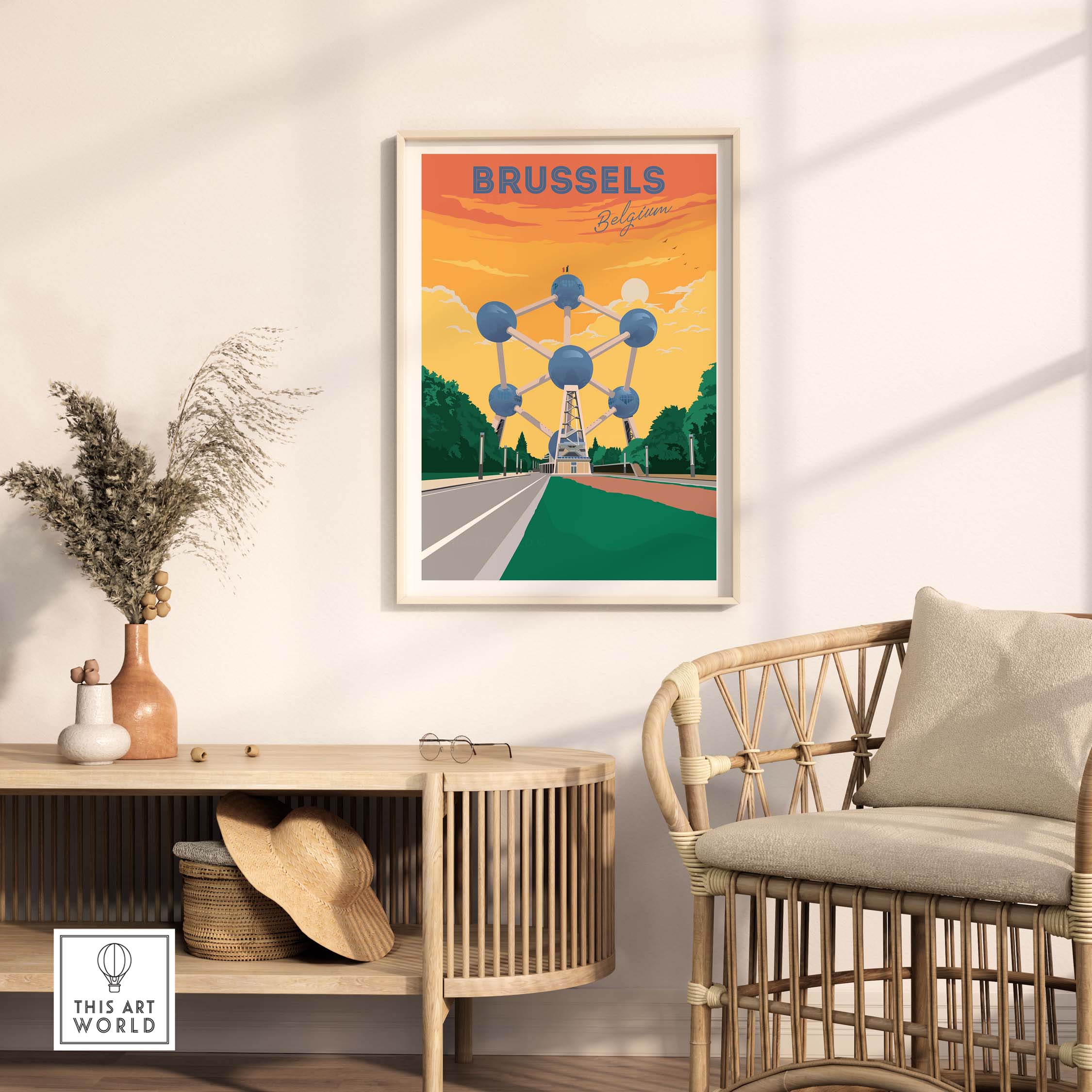 Brussels Travel Poster featuring Atomium, framed artwork in a stylish living room setting.
