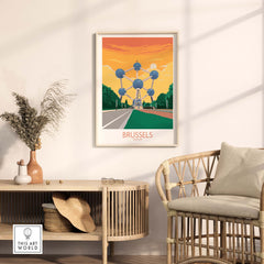 Vintage Brussels Poster showcasing iconic Atomium against a colorful sunset, perfect for travel-inspired home decor.