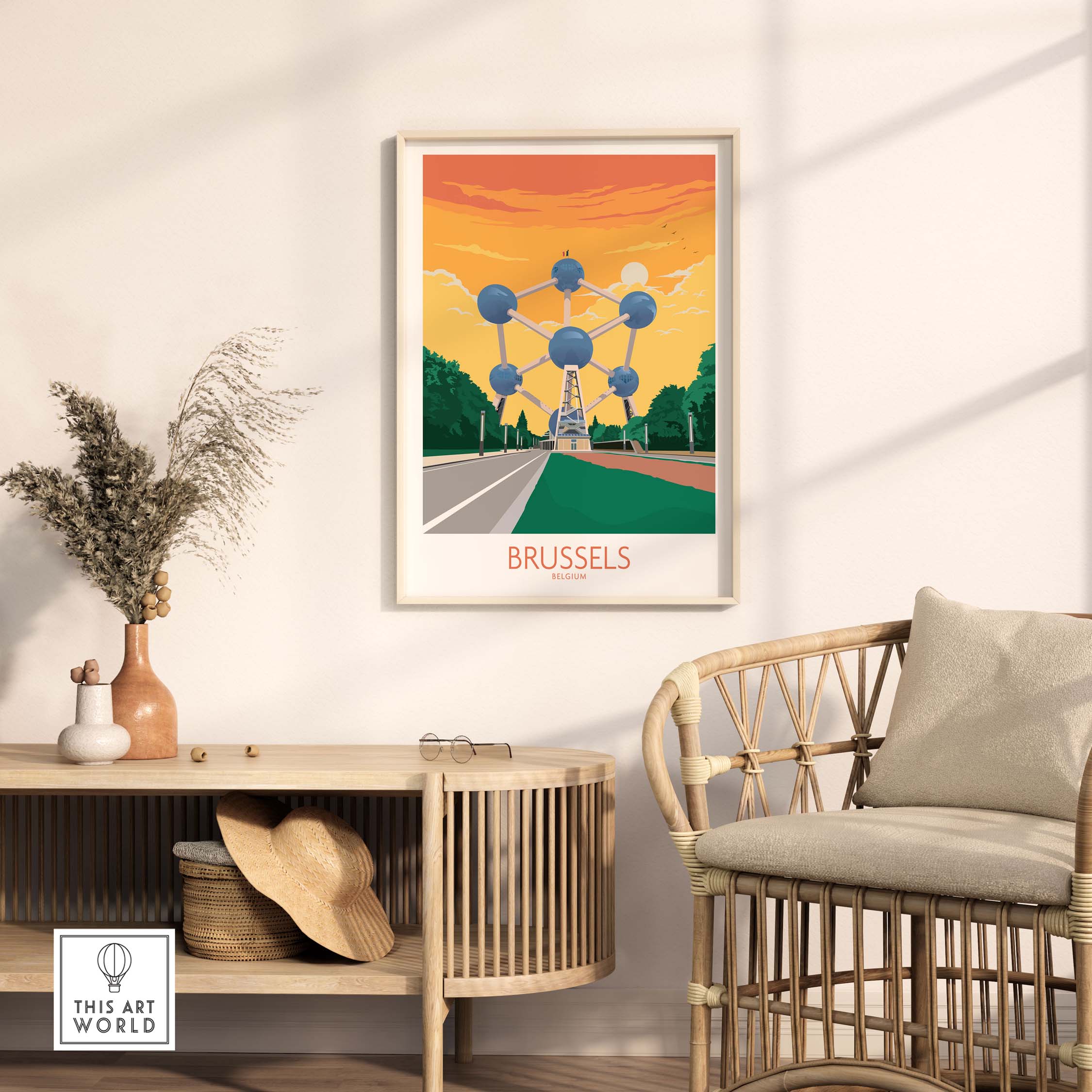 Vintage Brussels Poster showcasing iconic Atomium against a colorful sunset, perfect for travel-inspired home decor.
