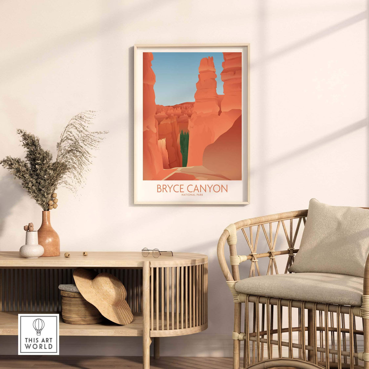Bryce Canyon National Park art print in a stylish living room setting, showcasing minimalist design and nature-inspired decor.