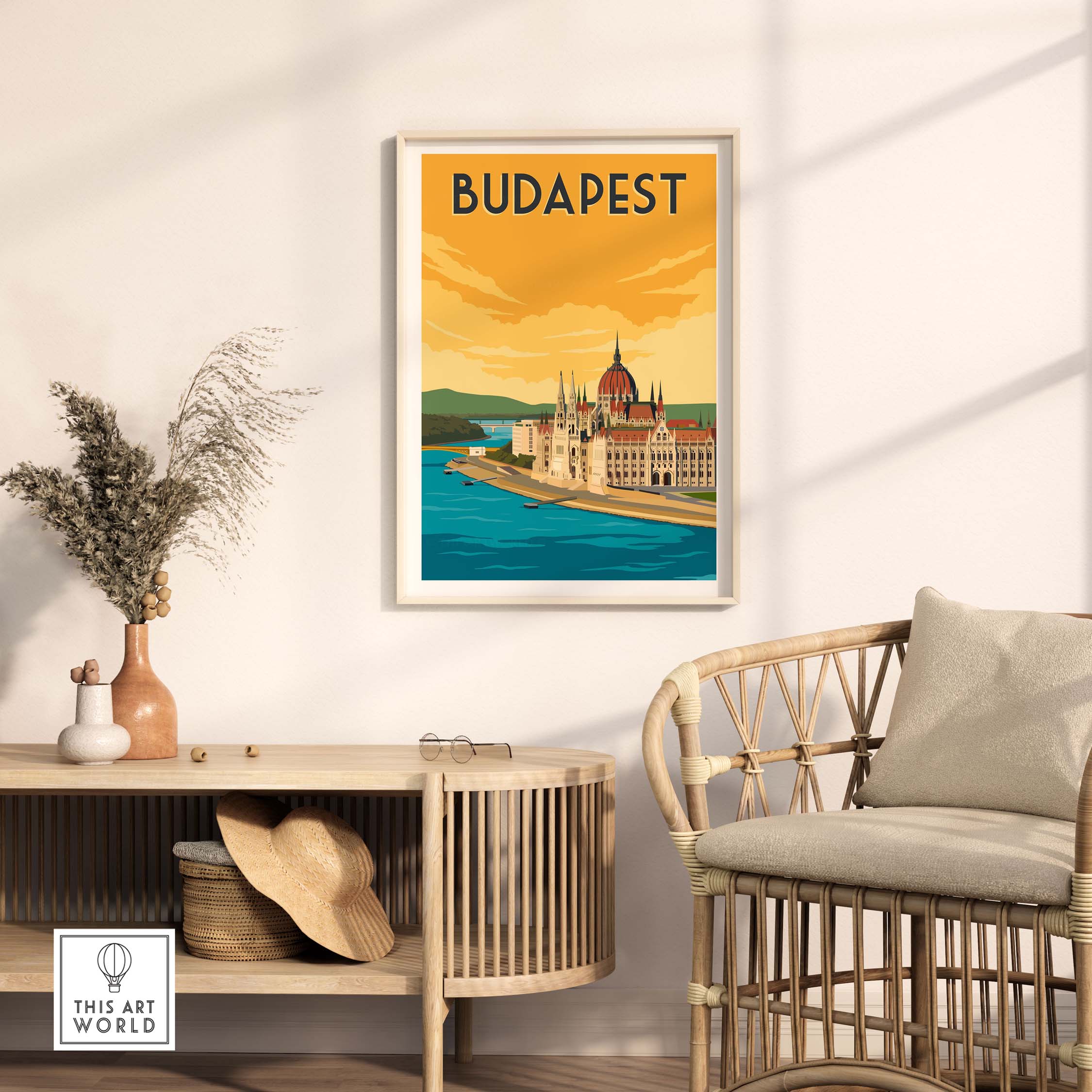 Budapest Vintage Print Poster on wall above stylish furniture, showcasing iconic architecture and travel vibes.