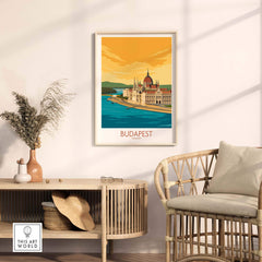 Vintage Budapest travel poster showcasing the iconic parliament building, perfect for home or office decor.