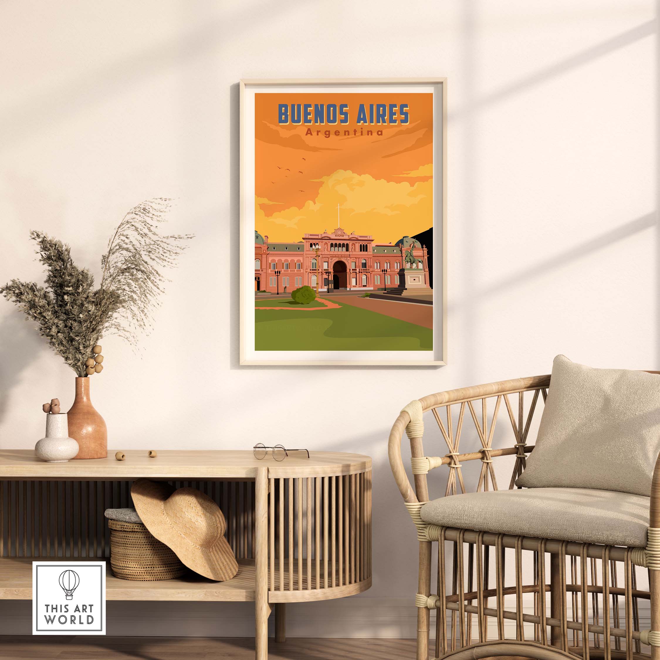 Vintage Buenos Aires travel poster print showcasing Argentina's architecture and sunset colors.