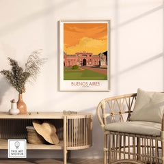 Buenos Aires poster in a stylish living room setting, showcasing vintage travel art for home decor.