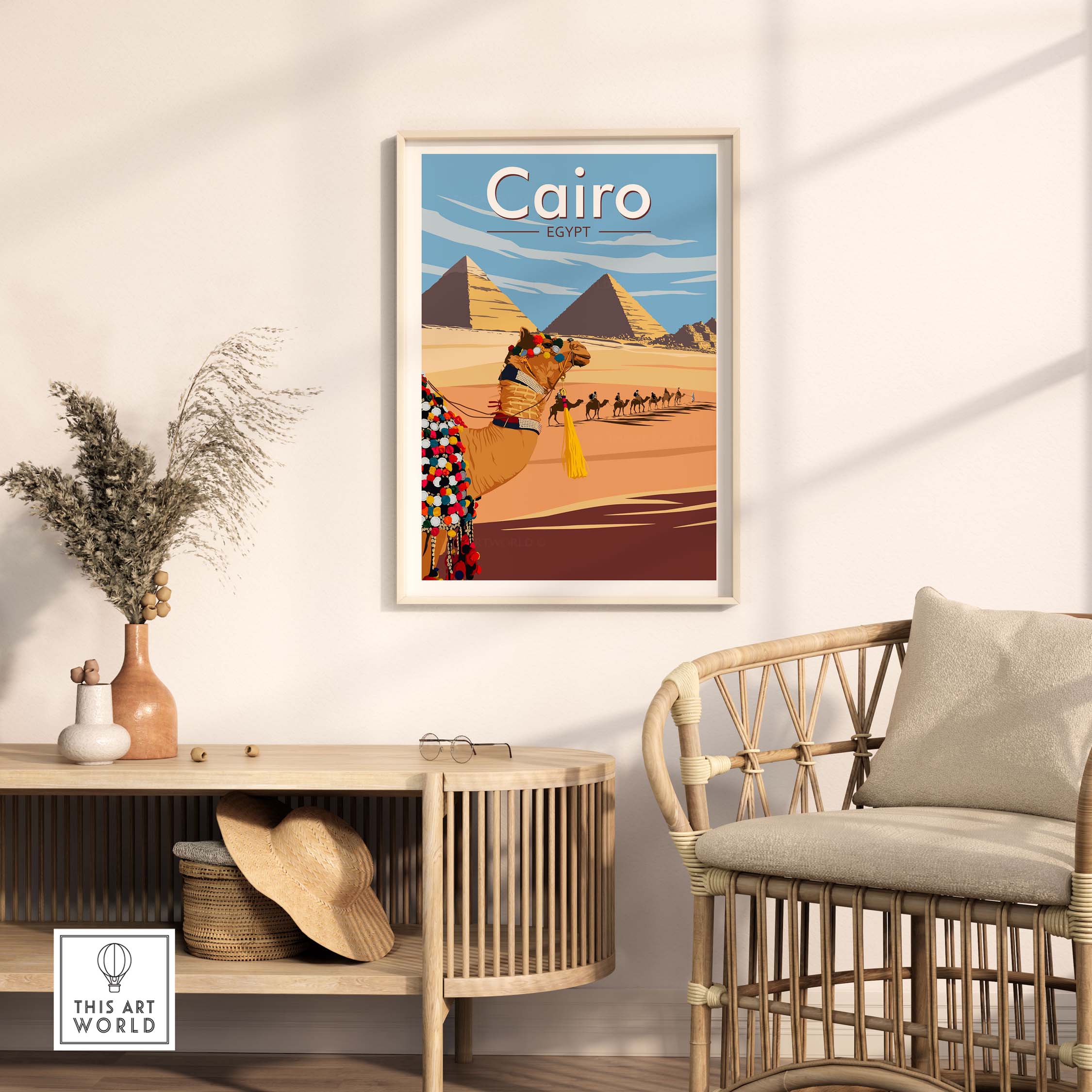 Cairo Wall Art Print featuring pyramids and camels, perfect for home or office decor, inspired by vintage travel art.