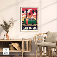 California vintage travel poster featuring a retro van and surfboard, perfect for home or office decor.