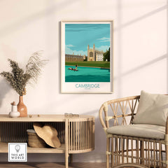 Cambridge Print of King's College inspired by vintage travel art, framed in a stylish home setting.
