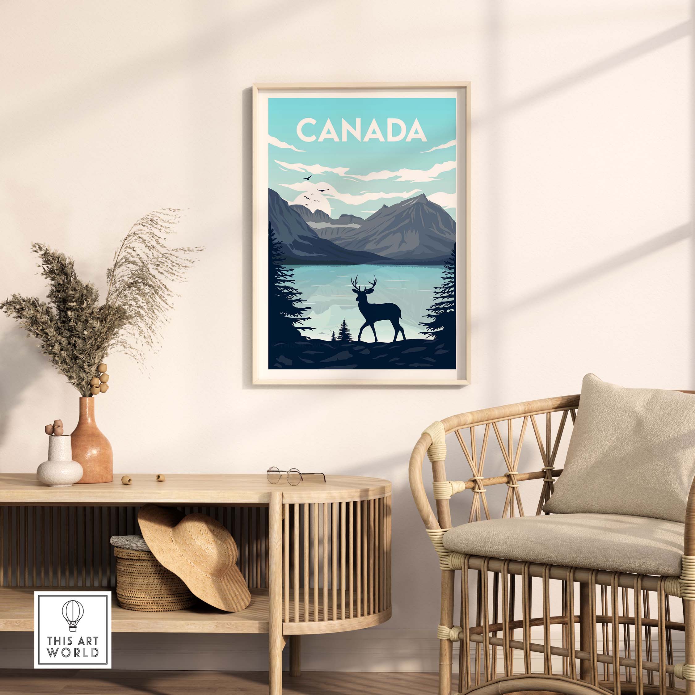 Canada Poster Wall Art Print showcasing a moose in a mountain landscape, perfect for home décor.