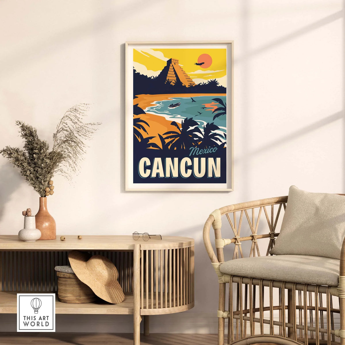 Cancun Poster Wall Art Print featuring a vintage design of Cancun, Mexico, displayed in a stylish living room setting.