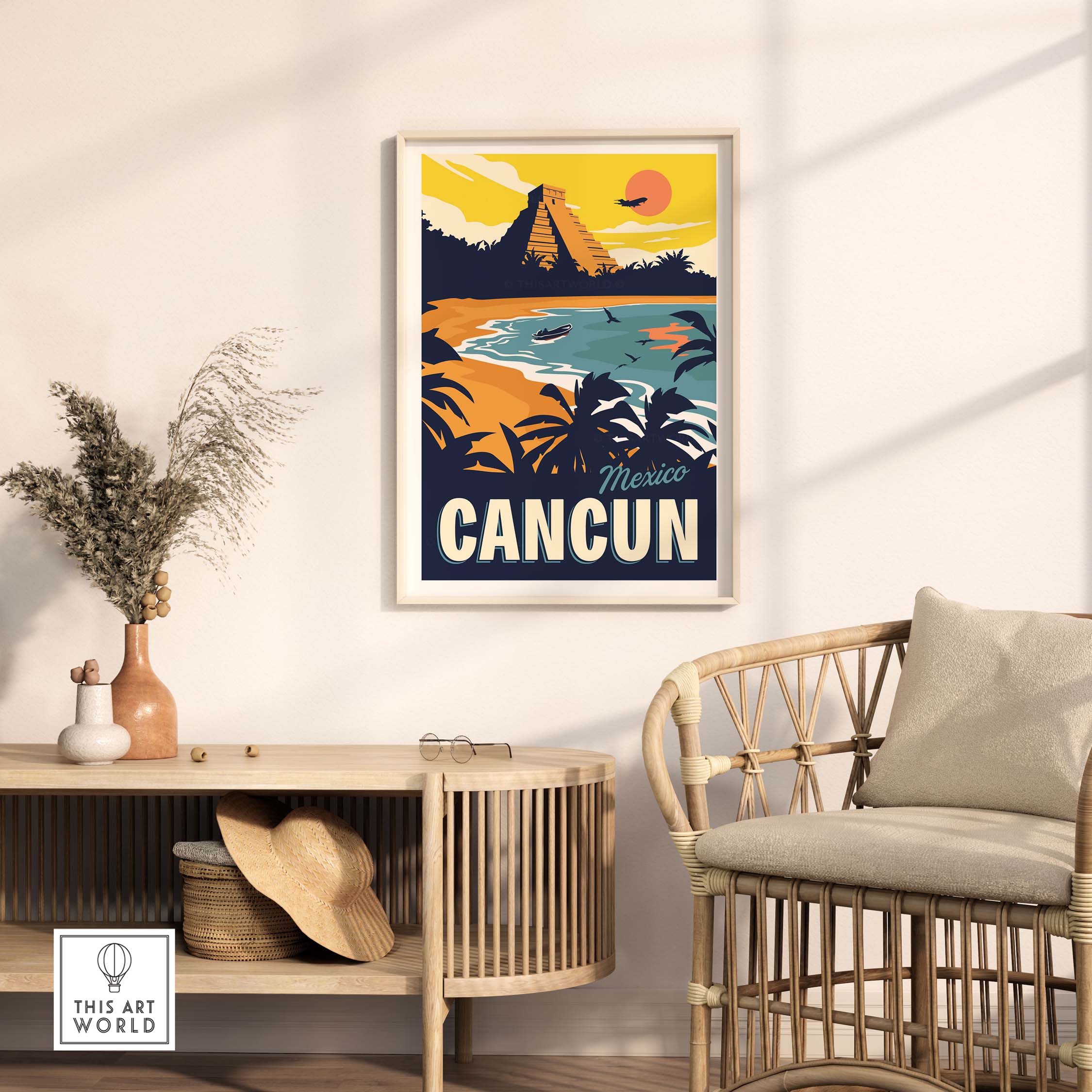Cancun Poster Wall Art Print featuring a vintage design of Cancun, Mexico, displayed in a stylish living room setting.