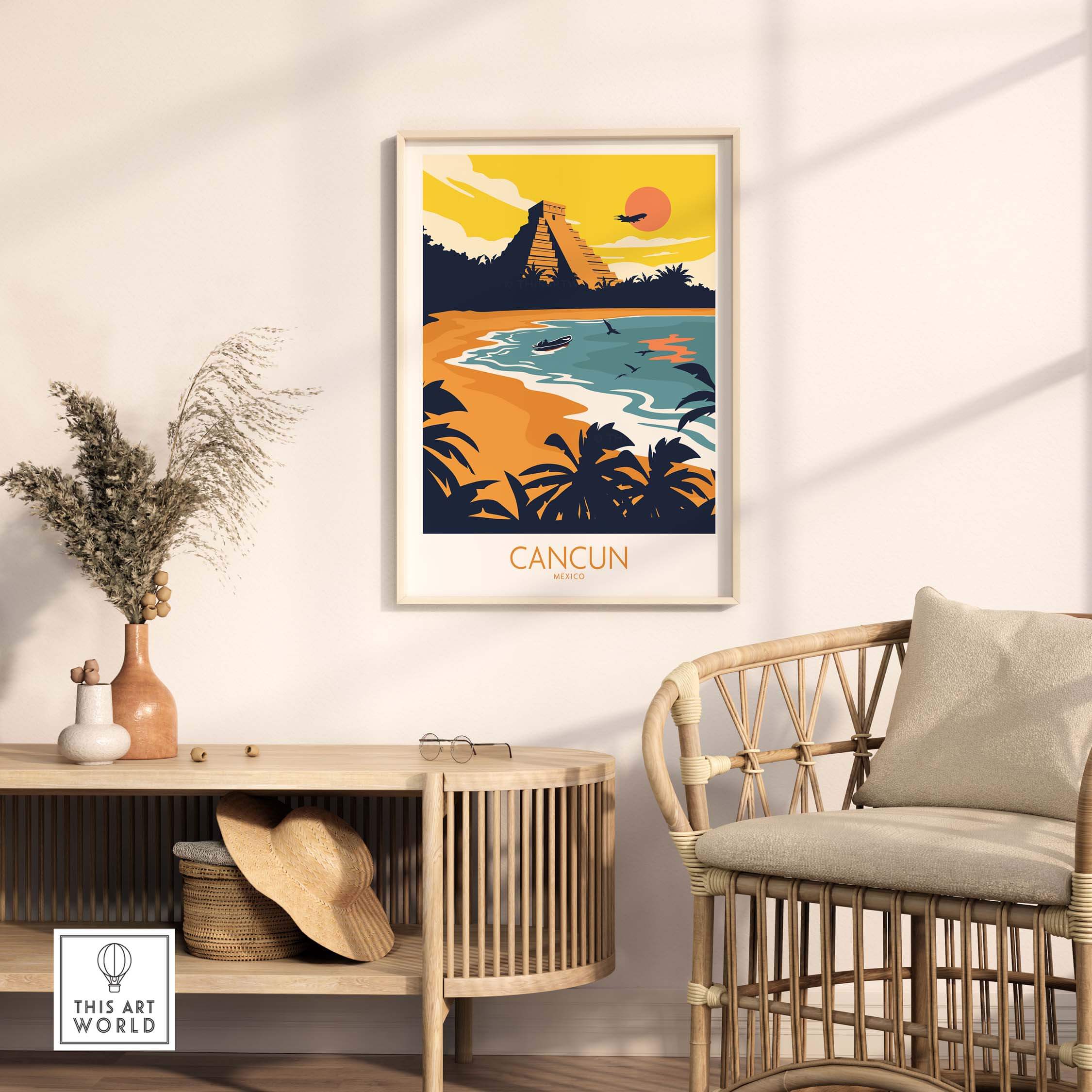 Cancun travel poster print featuring a sunset over a tropical beach with ancient ruins, displayed in a stylish living room.