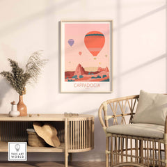 Cappadocia print featuring hot air balloons and desert landscape in a cozy home setting with stylish decor.