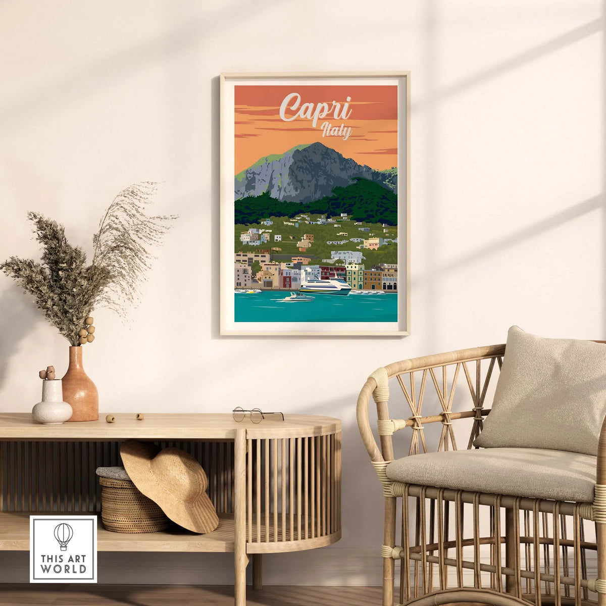 Capri Italy poster print wall art displayed in a stylish interior with rattan chair and home decor.