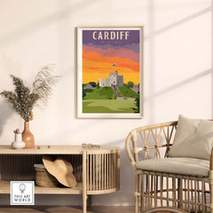 Framed Cardiff Poster print showing Cardiff Castle with vibrant sunset colors, perfect for home or office decor.