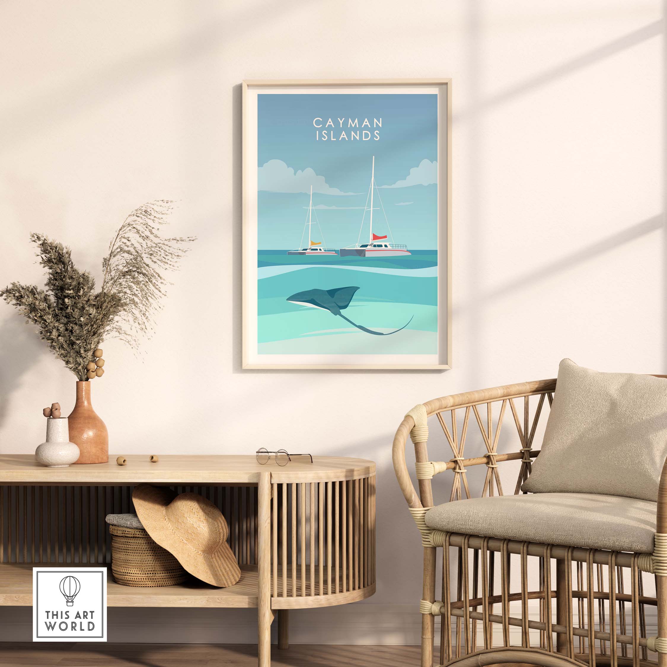 Cayman Islands poster print featuring a stingray and sailboats, perfect for tropical wall decor.