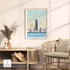 Chicago Print Wall Art Poster framed in a modern living room setting, showcasing the city's skyline and pastel colors.