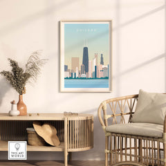 Chicago Print Wall Art Poster featuring skyline artwork in a stylish room with modern decor.