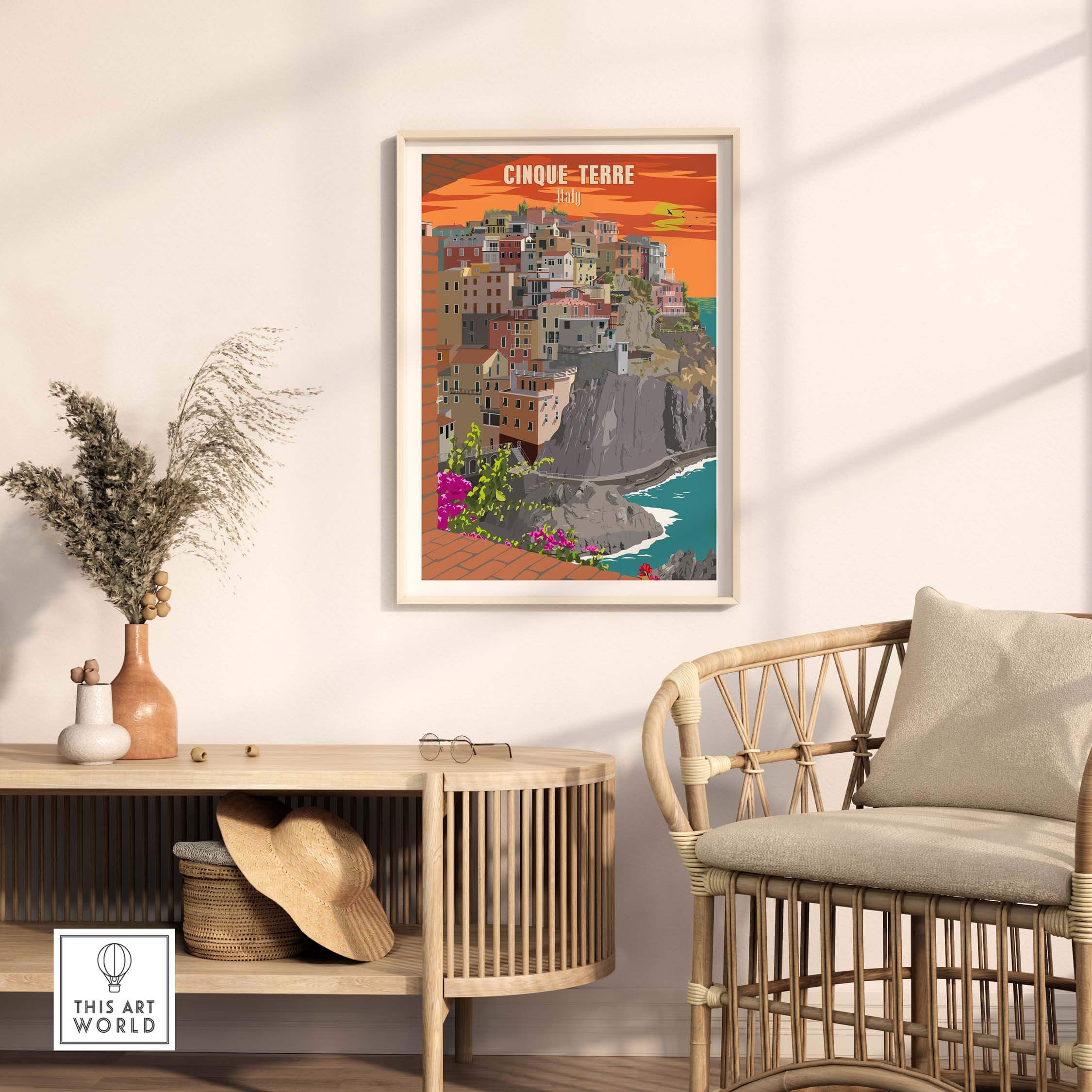 Cinque Terre Italy poster print wall art in a stylish living room setting, showcasing vintage travel aesthetics.